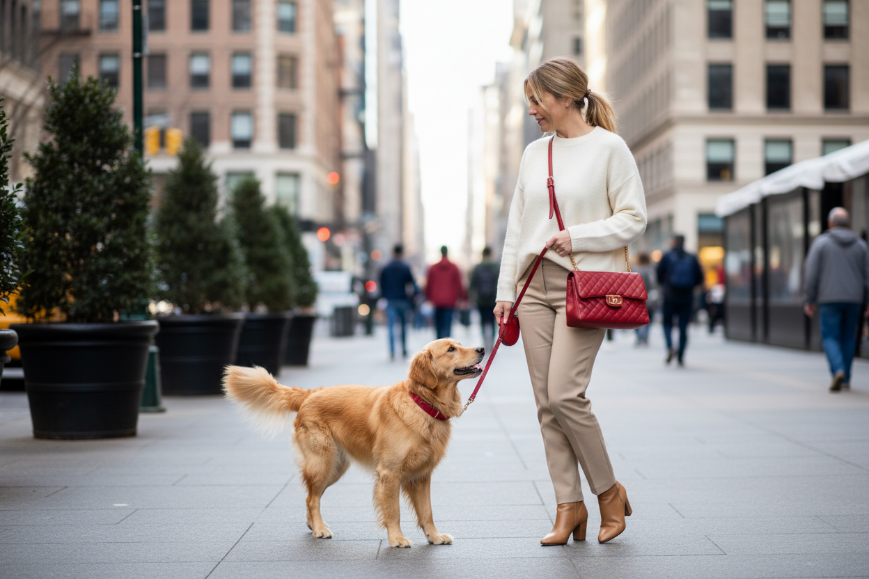 woman walking dog in city with neutral outfit, red stylish bag and red dog leash collar